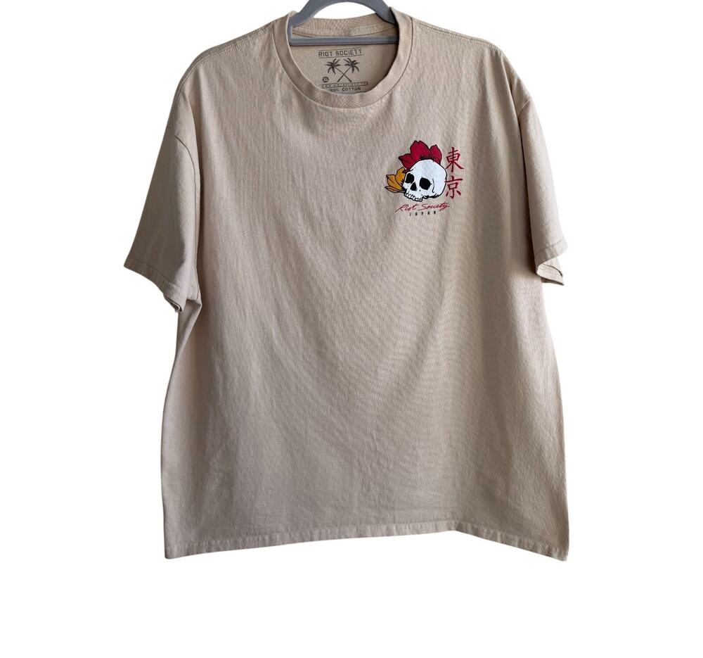 Riot Society T Shirt M Skull Geisha Japan Graphic Beige Cotton Streetwear
